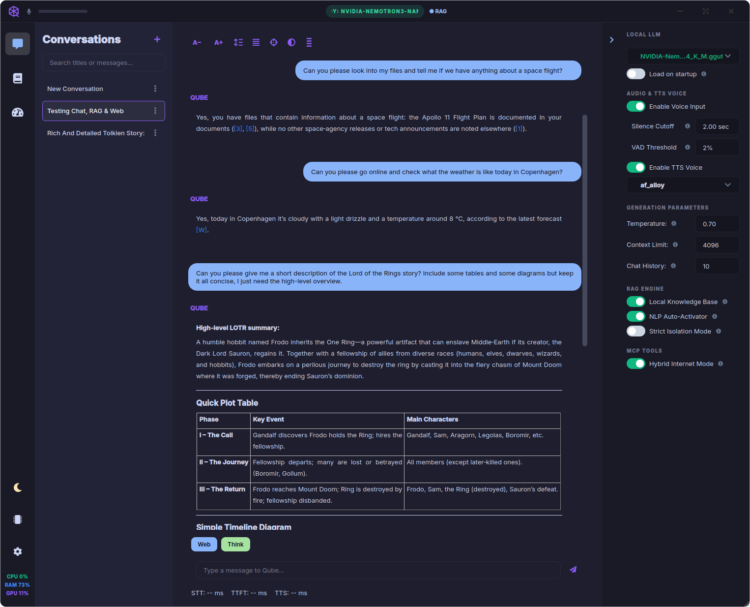 Qube Conversations — dark theme